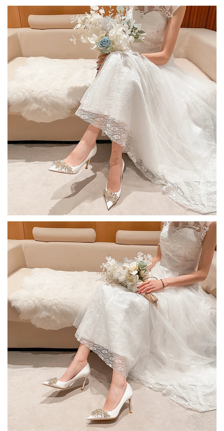 Maogu Satin Rhinestone Crystal Shallow Pumps Stiletto High Heel Luxury Women's Shoe 2023 Spring White Women Bridal Wedding Shoes