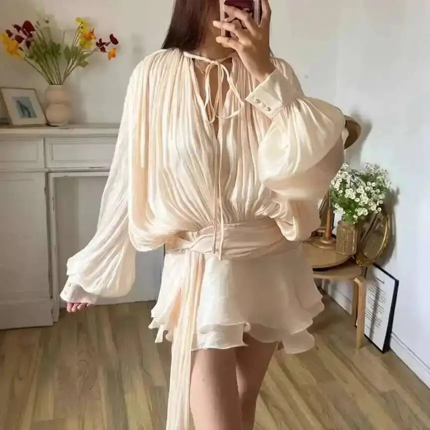 Beige Top Solid Blouse Mini Dresses For Women V Neck Long Sleeve Spliced Lace Up Sweet Style Dress Female Clothing Fashion  P7WI