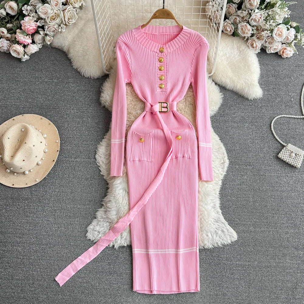 Women Dress 2025 Autumn Winter Elegant Rib Knit Long Pencil Dress with Belt Office Lady Bodycon Sweater Dress Vestidos