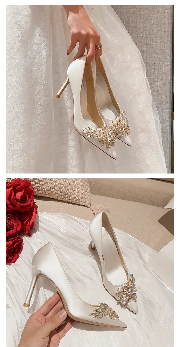 Maogu Satin Rhinestone Crystal Shallow Pumps Stiletto High Heel Luxury Women's Shoe 2023 Spring White Women Bridal Wedding Shoes