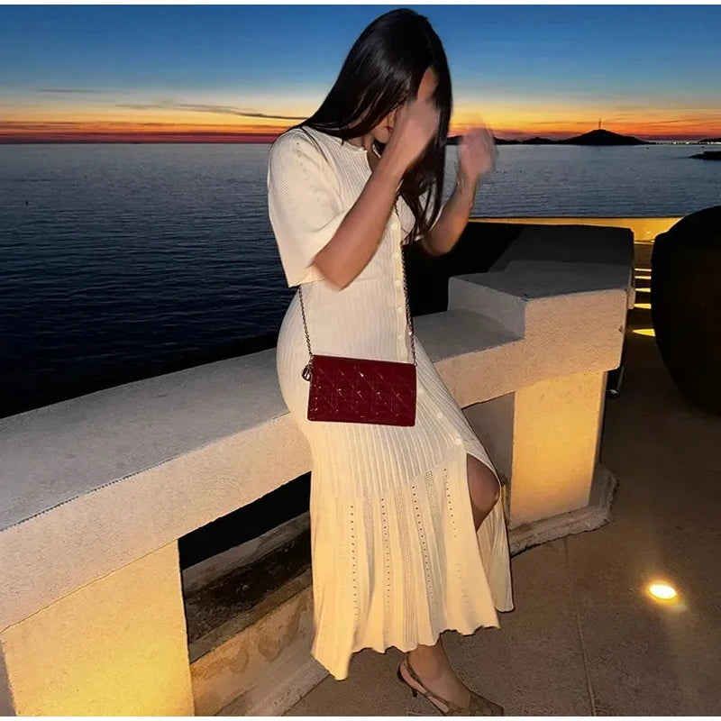 Elegant Knitted Dress Women Solid Single Breasted O Neck Short Sleeve High Waist Hip Package Dresses 2025 Autumn Chic Robes Lady