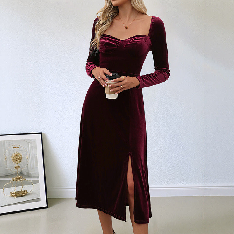Vintage style split velvet solid color square neck evening dress