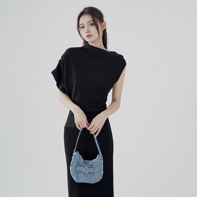 Autumn and winter design sense niche bag hip long dress advanced sense of black knit dress women