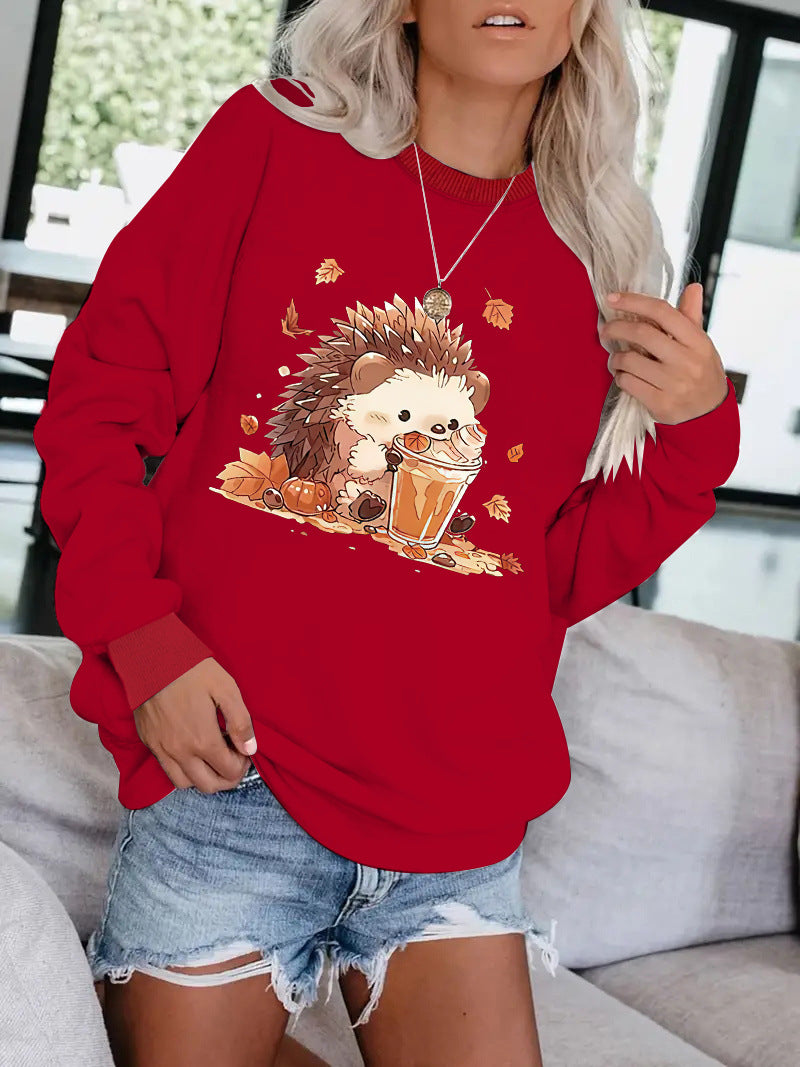 Hedgehog drink pattern printed round neck hoodie for women