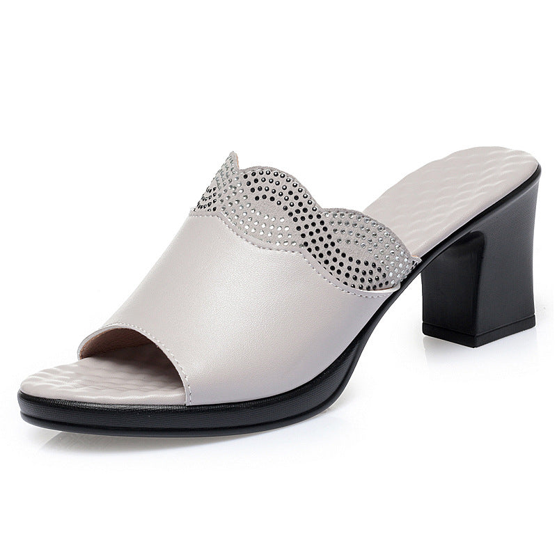 Summer Women's Outdoor Leather Mid-Heel Chunky Heel Comfortable Anti-Slip Soft Sole Large Size Sandals