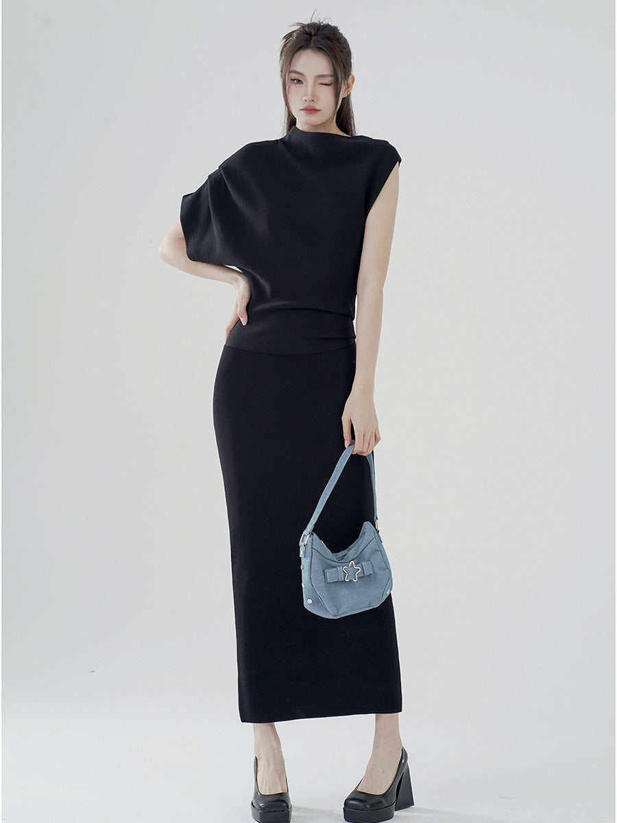 Autumn and winter design sense niche bag hip long dress advanced sense of black knit dress women