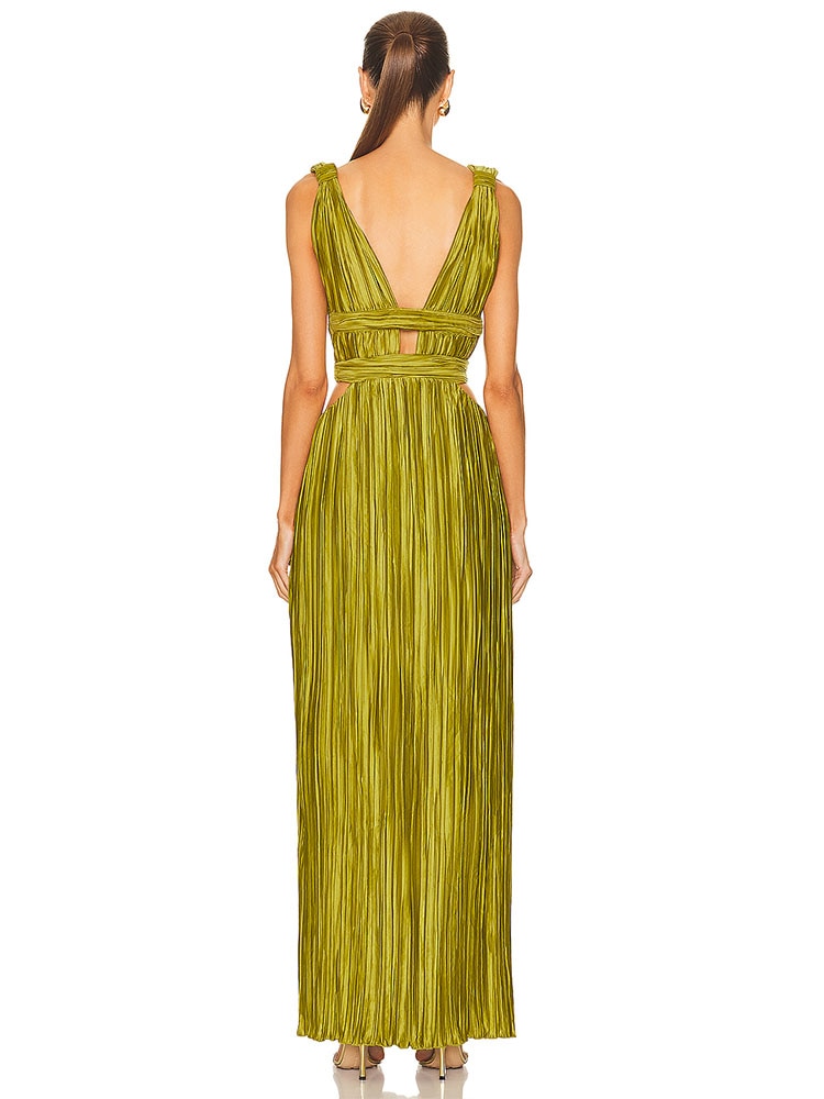 Sexy Sleeveless V Neck Hollowe Out Long Dress Women Green Straps Backless High Waist Pleated Split Maxi Dress Party Evening Dres
