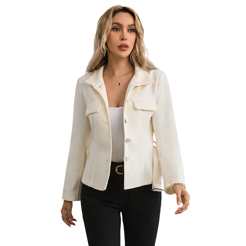 Elegant commuting style with lace up stand up collar solid color woolen coat