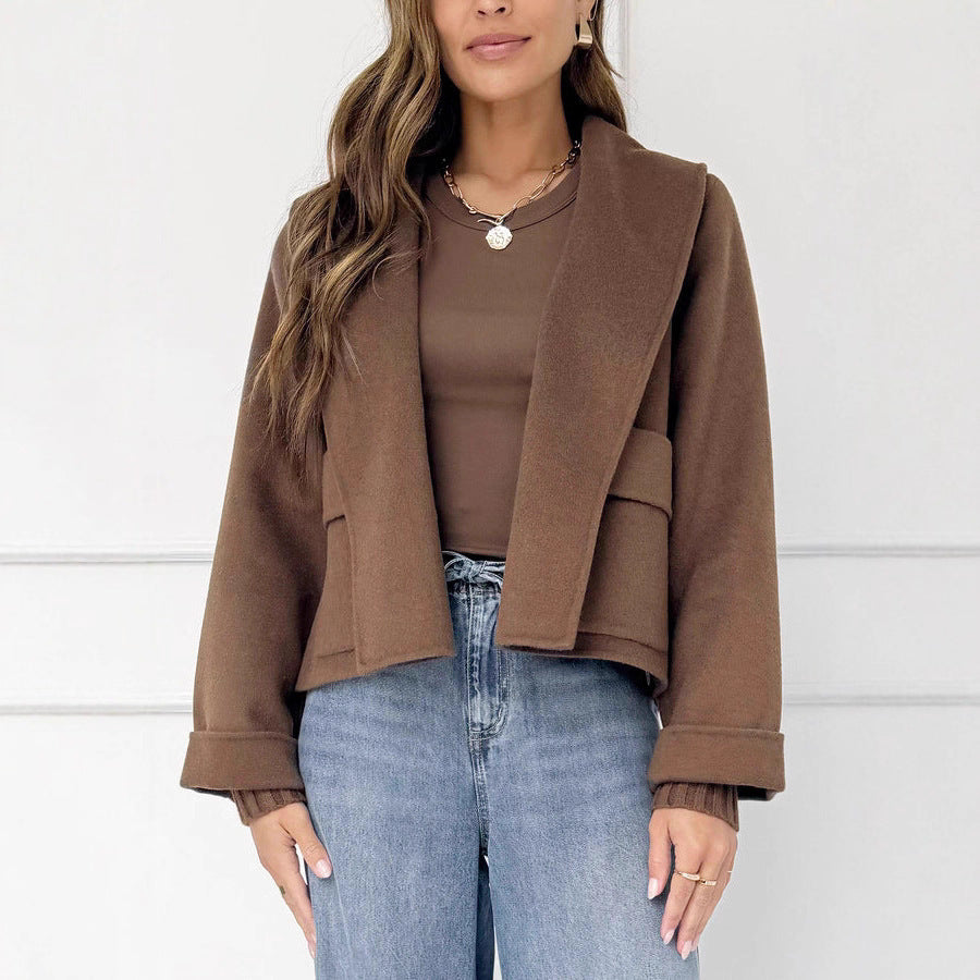 Collar pocket woolen cuffs threaded short jacket fur