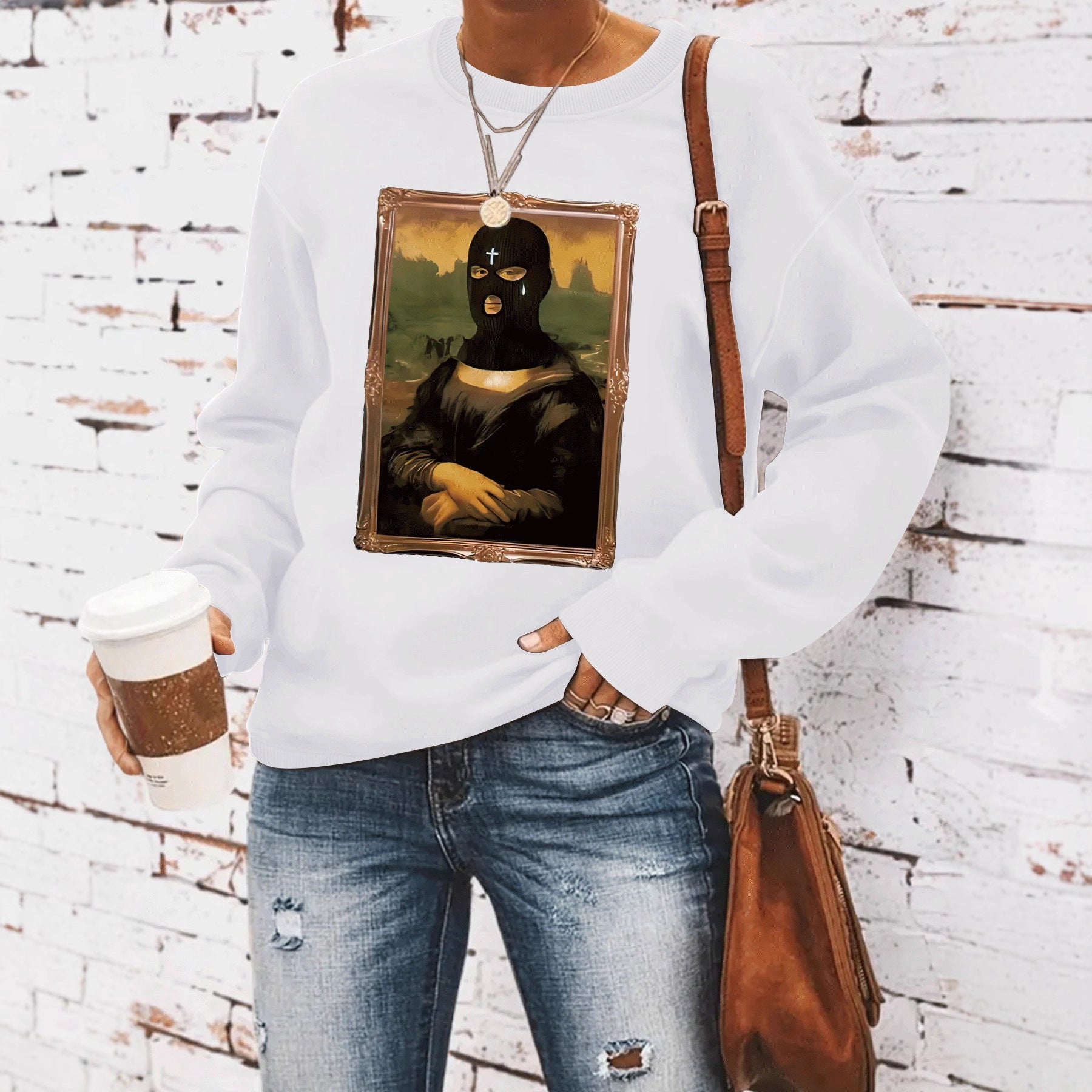 Portrait pattern printed round neck hoodie for women