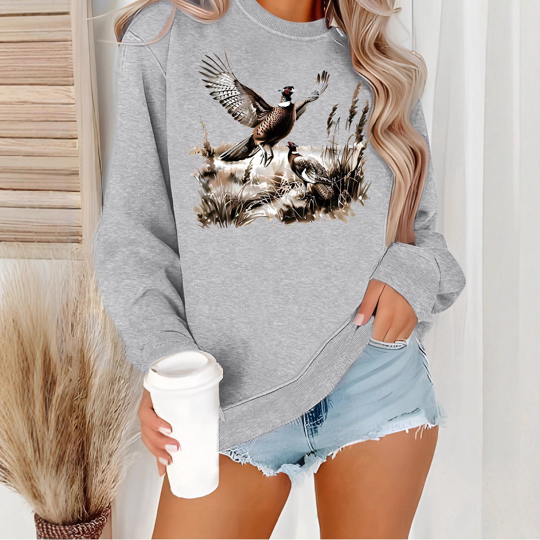 Grassland turkey pattern printed long sleeved sweatshirt