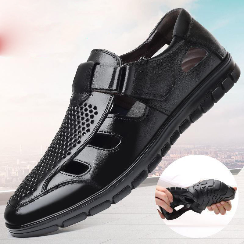 Men's leather sandals summer breathable leather shoes middle-aged and elderly soft soled dad's perforated shoes