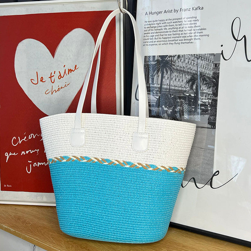 Straw Bag and Hat Set for Women, Beach Vacation, Versatile Sun Protection Wide Brim Hat, Commute Travel Large Capacity Tote Bag