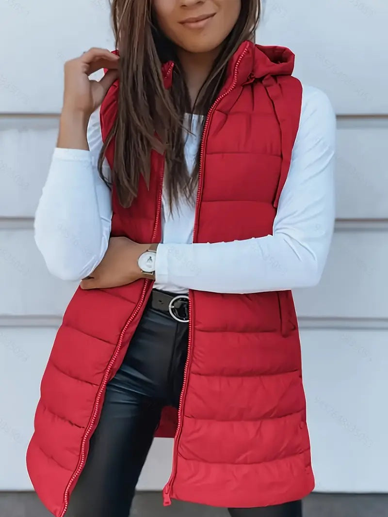 Solid color medium long vest hooded slim fit sleeveless jacket for women