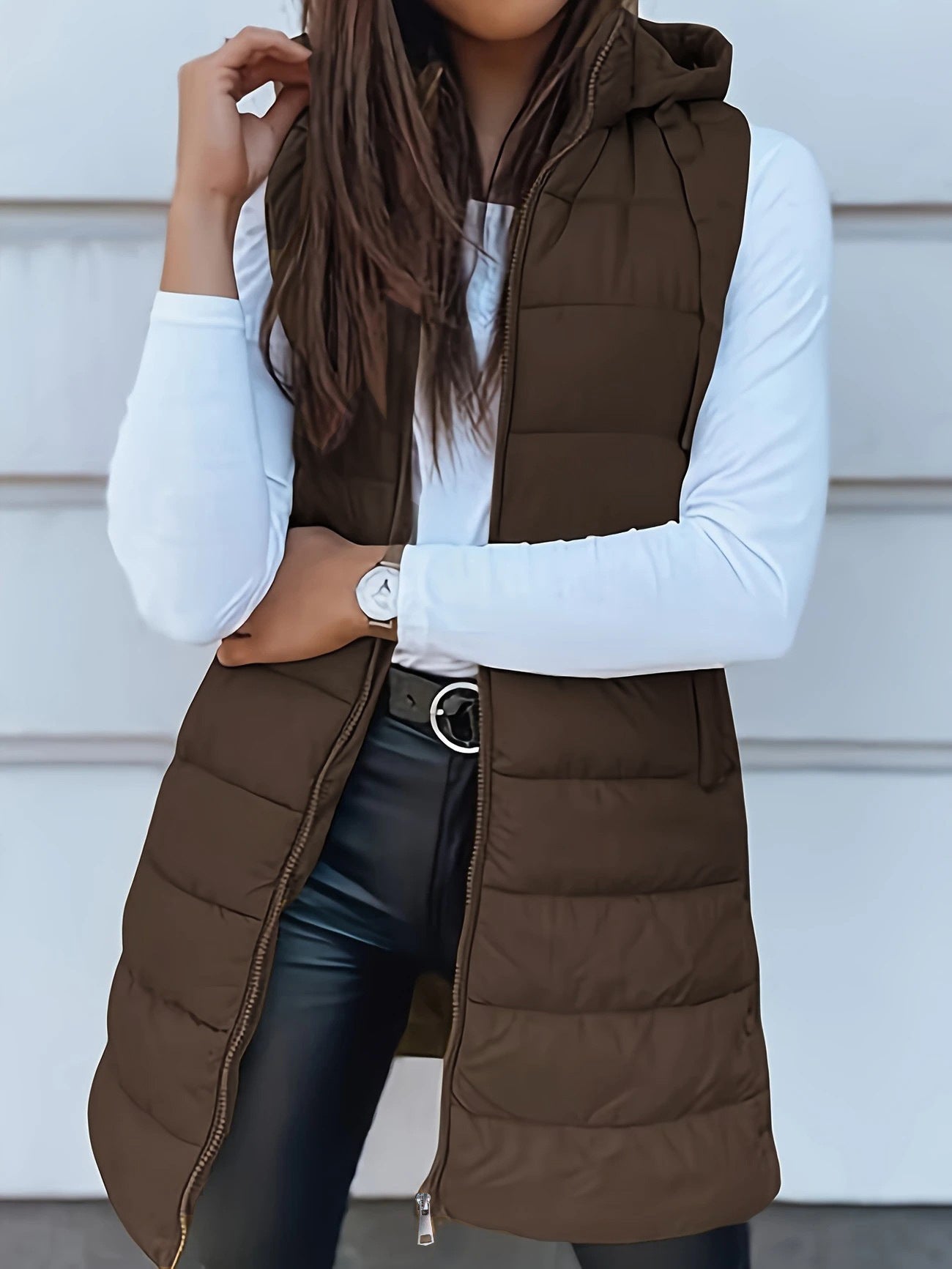 Solid color medium long vest hooded slim fit sleeveless jacket for women