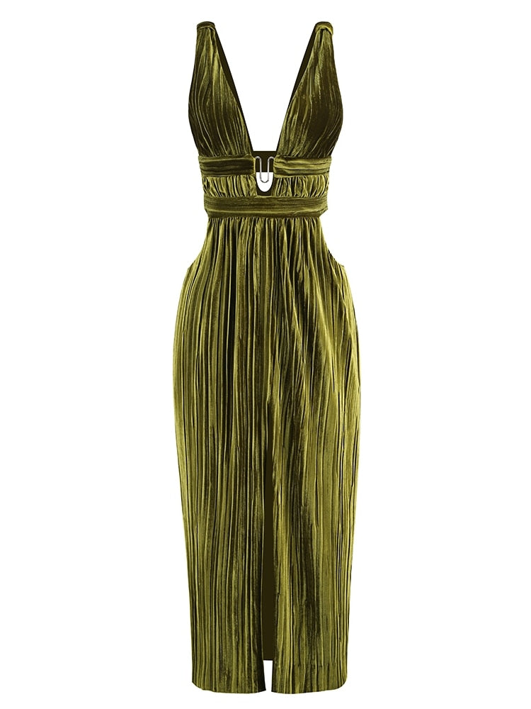 Sexy Sleeveless V Neck Hollowe Out Long Dress Women Green Straps Backless High Waist Pleated Split Maxi Dress Party Evening Dres