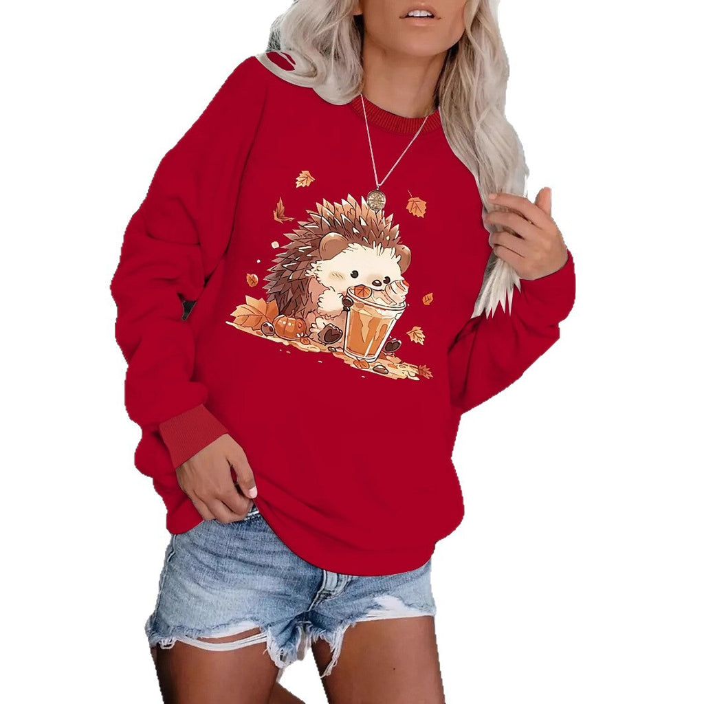 Hedgehog drink pattern printed round neck hoodie for women