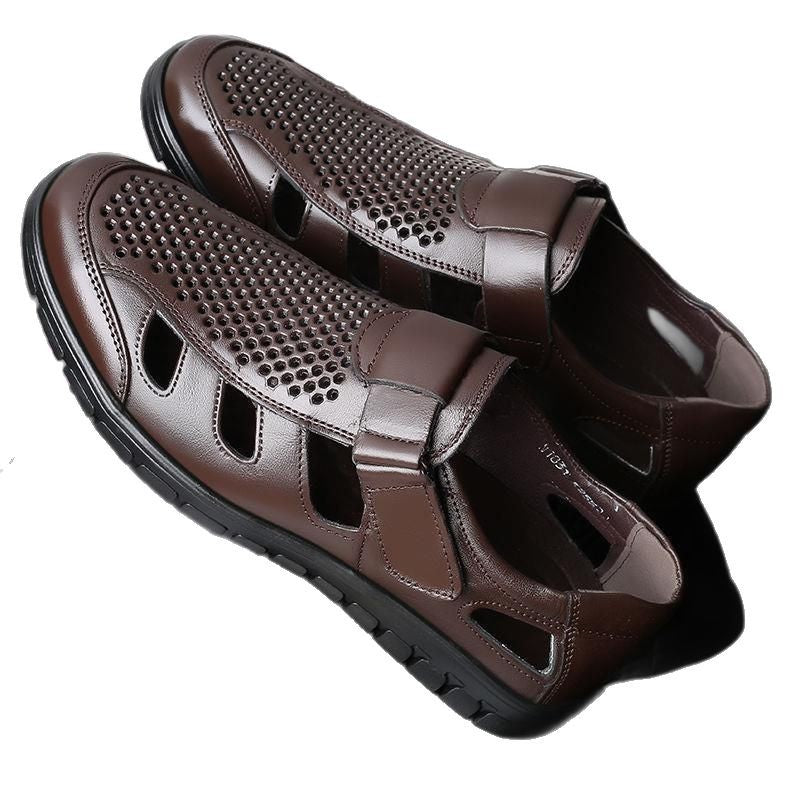 Men's leather sandals summer breathable leather shoes middle-aged and elderly soft soled dad's perforated shoes
