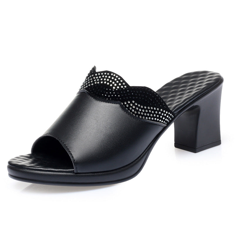 Summer Women's Outdoor Leather Mid-Heel Chunky Heel Comfortable Anti-Slip Soft Sole Large Size Sandals