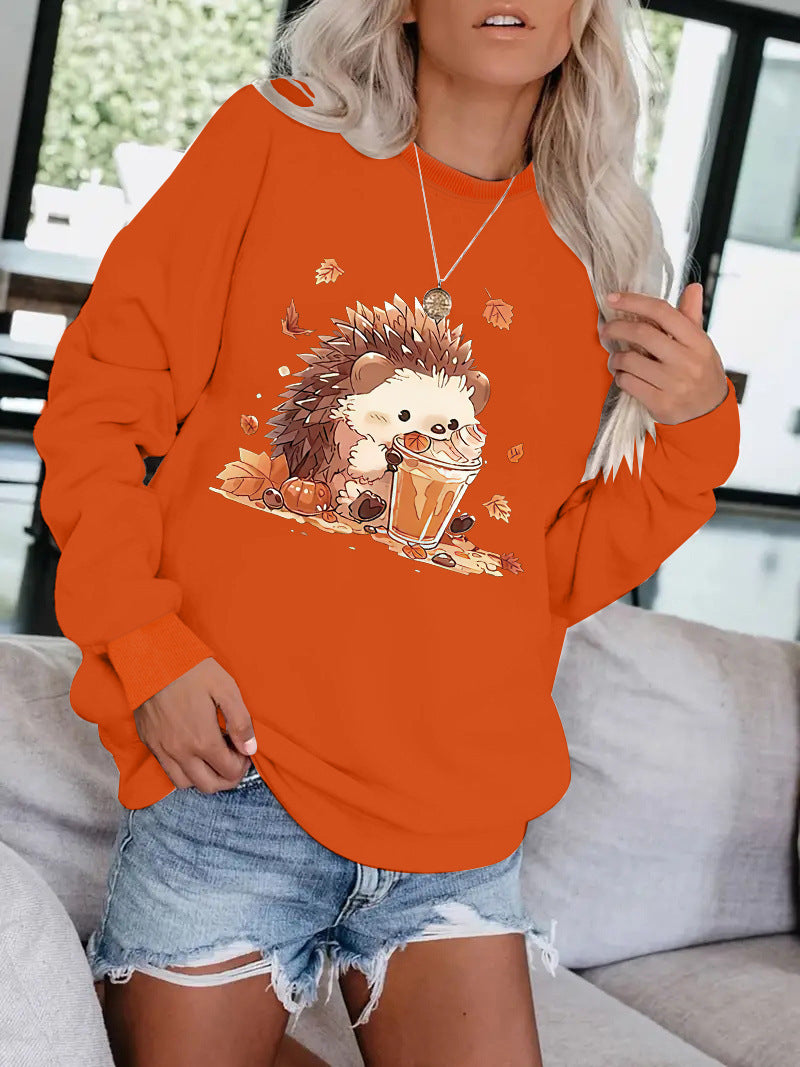 Hedgehog drink pattern printed round neck hoodie for women