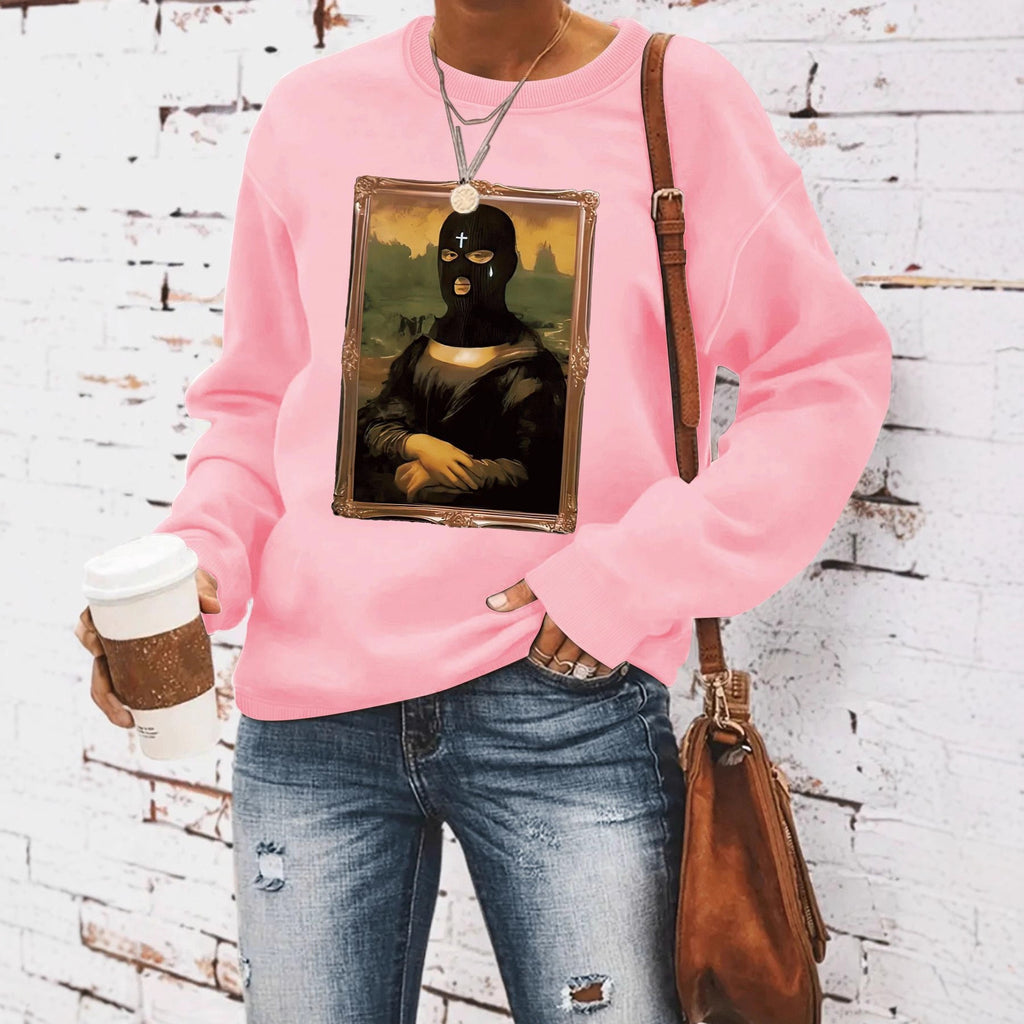 Portrait pattern printed round neck hoodie for women