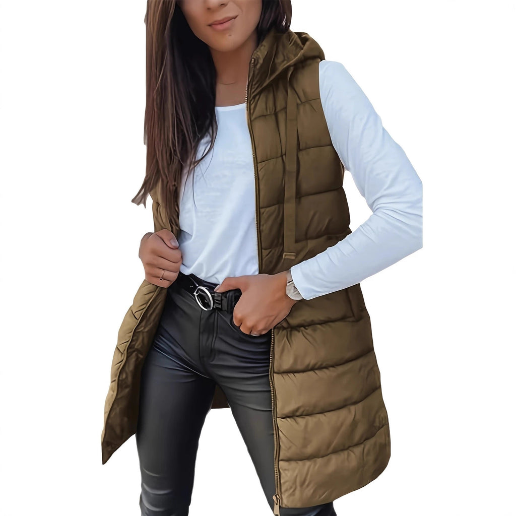 Solid color medium long vest hooded slim fit sleeveless jacket for women