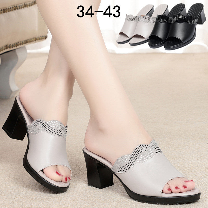Summer Women's Outdoor Leather Mid-Heel Chunky Heel Comfortable Anti-Slip Soft Sole Large Size Sandals