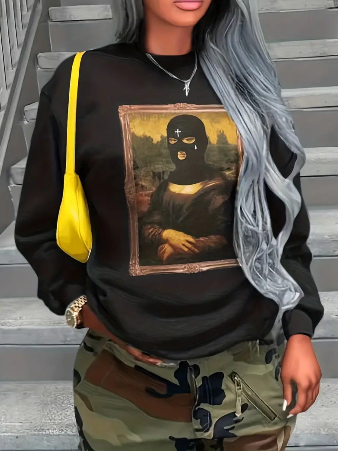 Portrait pattern printed round neck hoodie for women