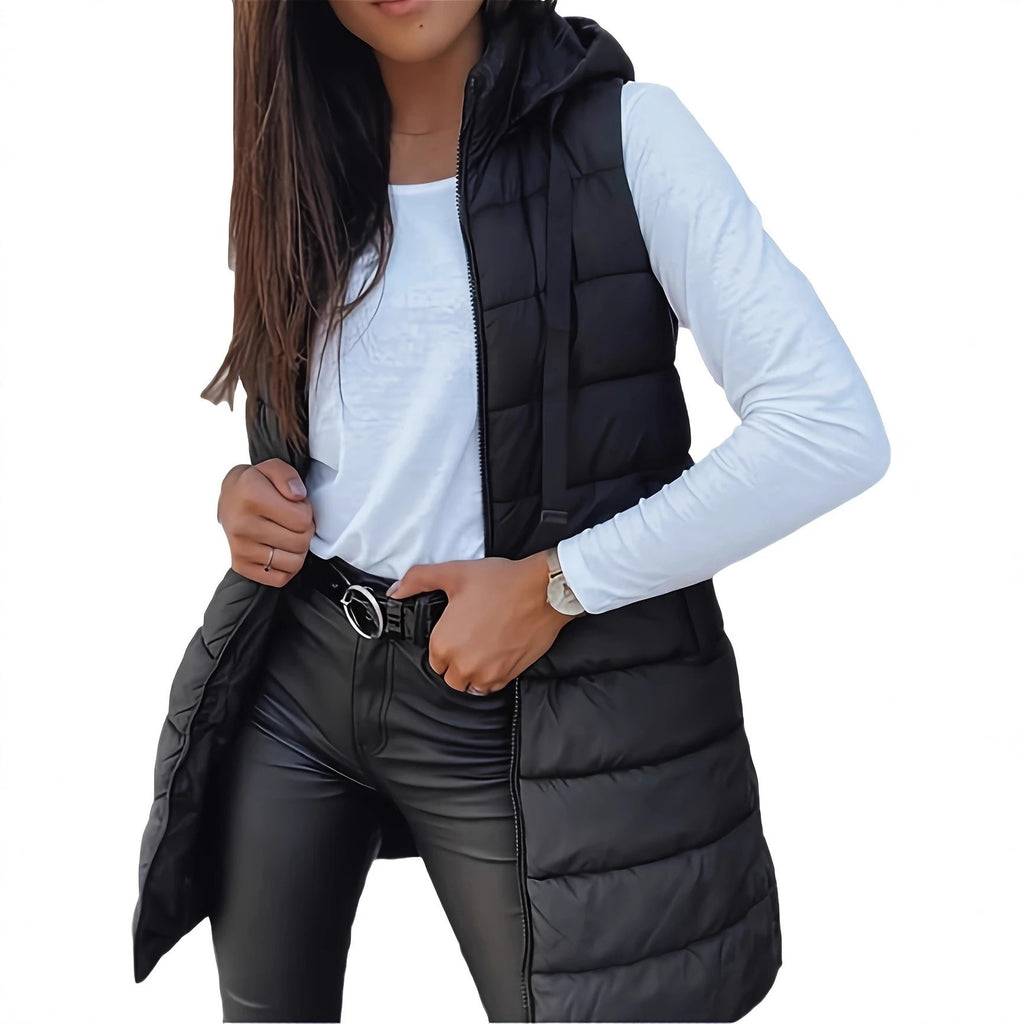 Solid color medium long vest hooded slim fit sleeveless jacket for women
