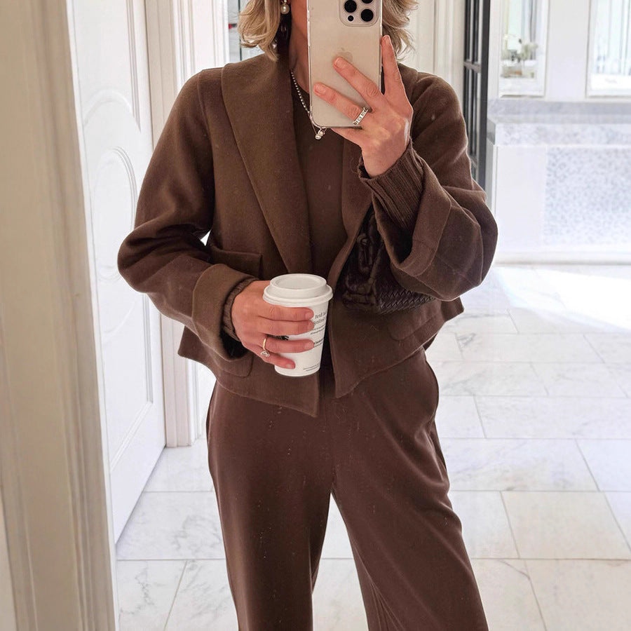 Collar pocket woolen cuffs threaded short jacket fur