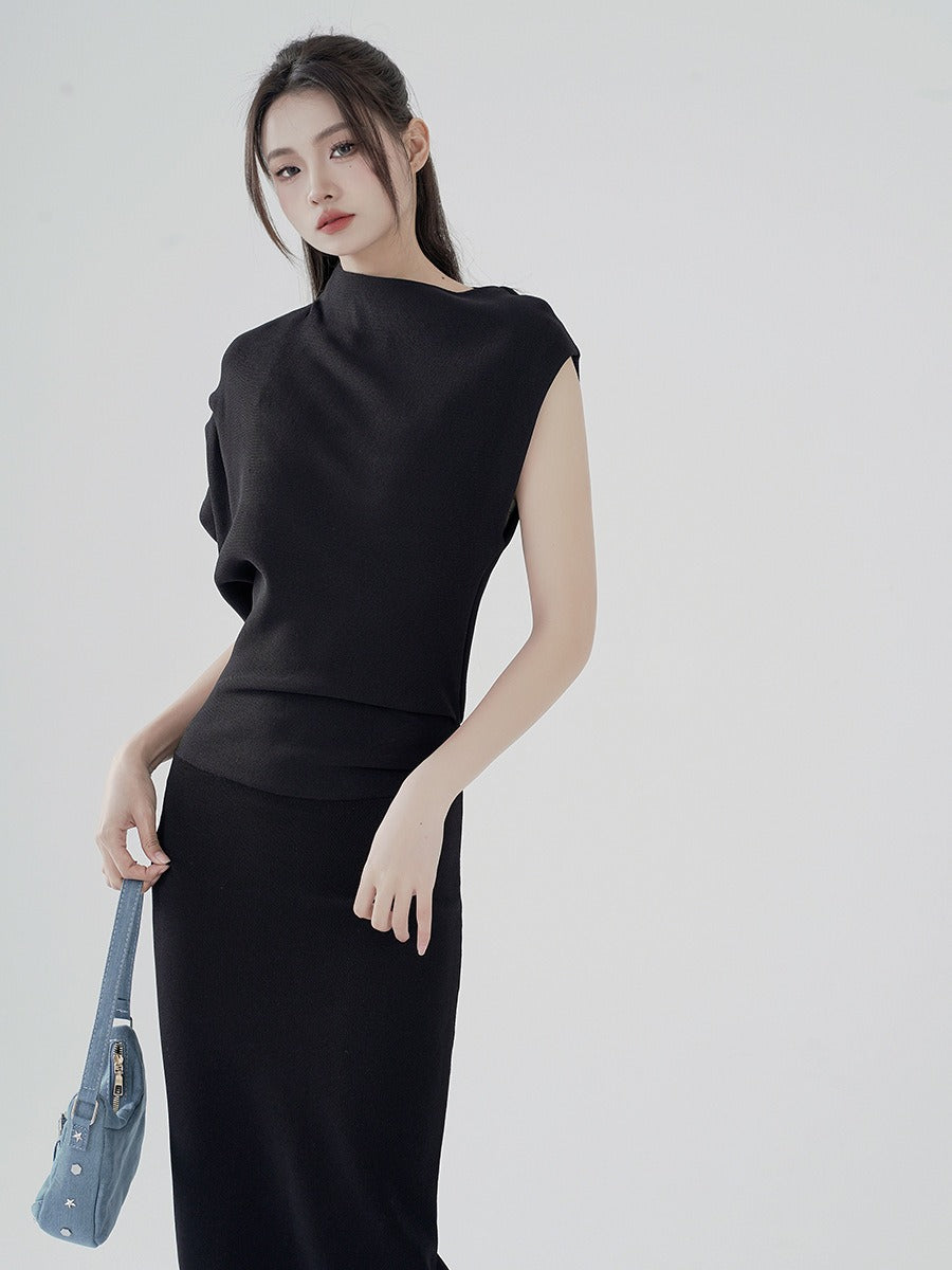 Autumn and winter design sense niche bag hip long dress advanced sense of black knit dress women