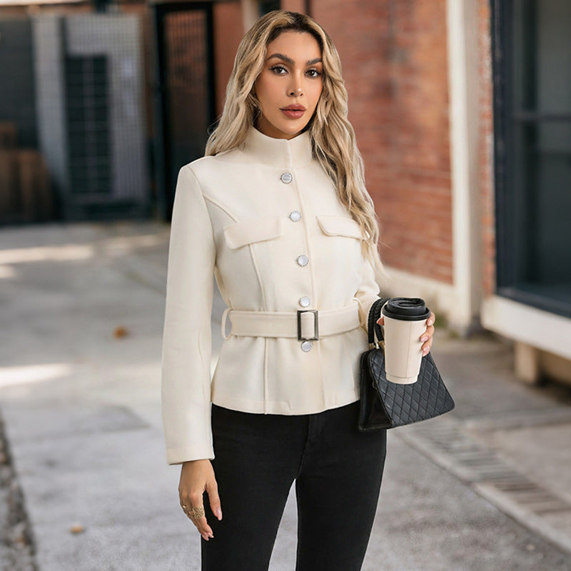 Elegant commuting style with lace up stand up collar solid color woolen coat