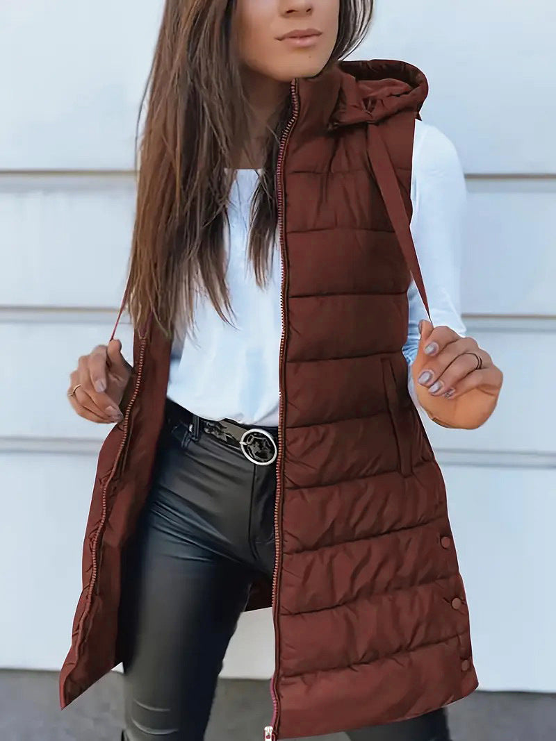 Solid color medium long vest hooded slim fit sleeveless jacket for women