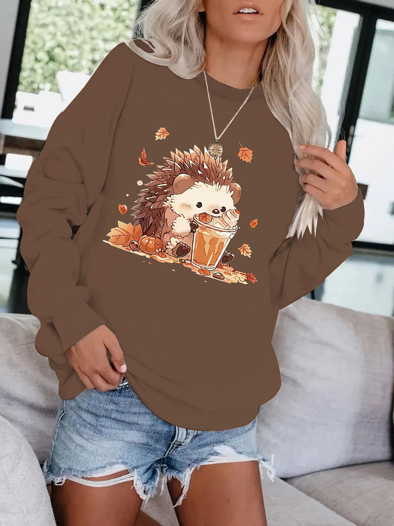 Hedgehog drink pattern printed round neck hoodie for women