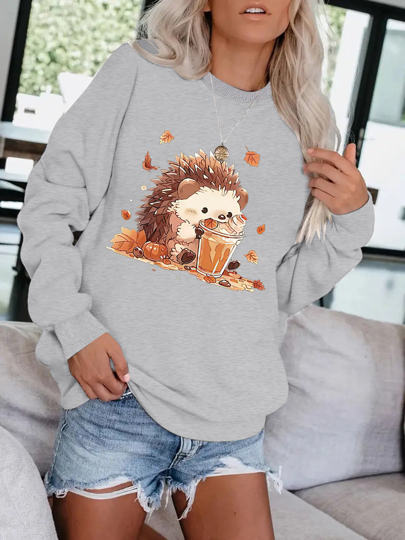 Hedgehog drink pattern printed round neck hoodie for women