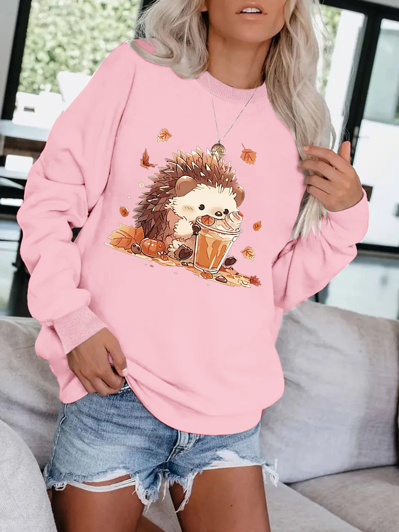 Hedgehog drink pattern printed round neck hoodie for women