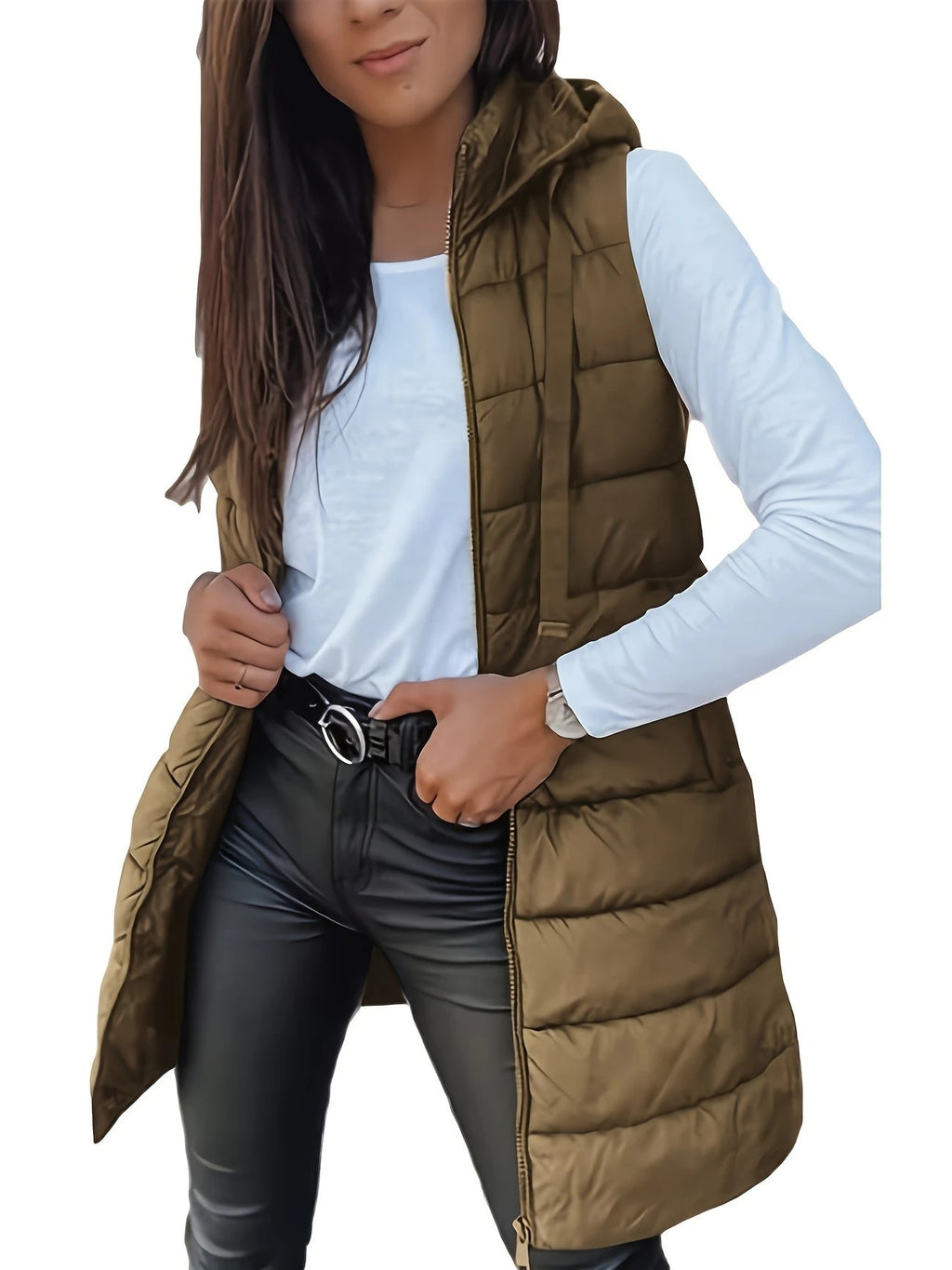 Solid color medium long vest hooded slim fit sleeveless jacket for women