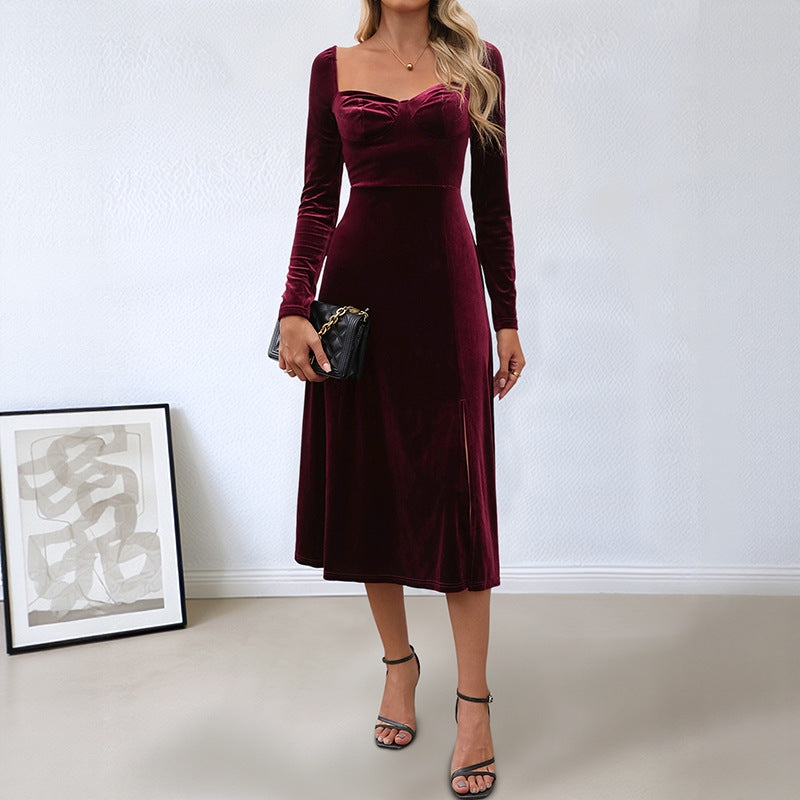 Vintage style split velvet solid color square neck evening dress