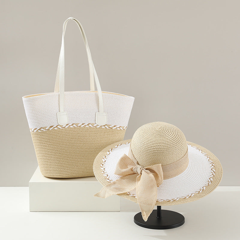 Straw Bag and Hat Set for Women, Beach Vacation, Versatile Sun Protection Wide Brim Hat, Commute Travel Large Capacity Tote Bag
