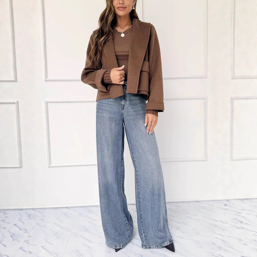 Collar pocket woolen cuffs threaded short jacket fur