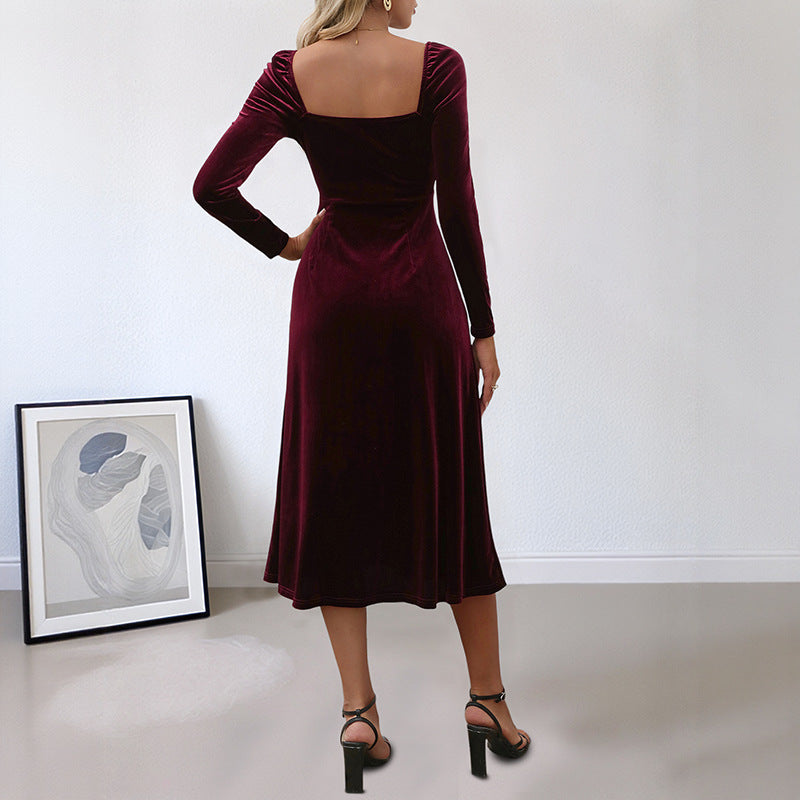 Vintage style split velvet solid color square neck evening dress