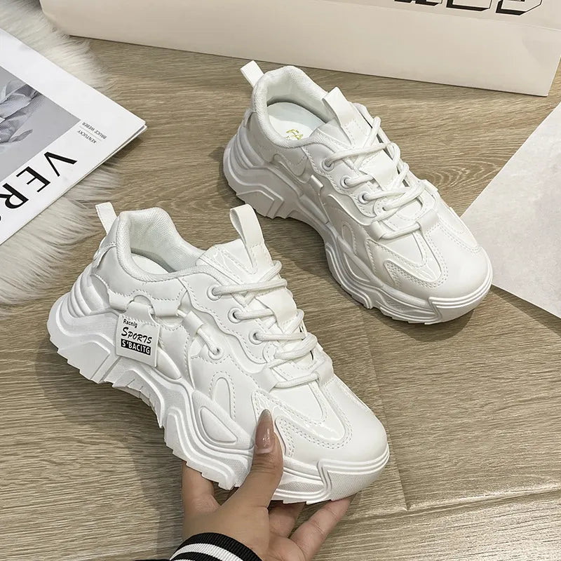 Thick soled women's white single shoes Korean version color blocked lace up height for casual running