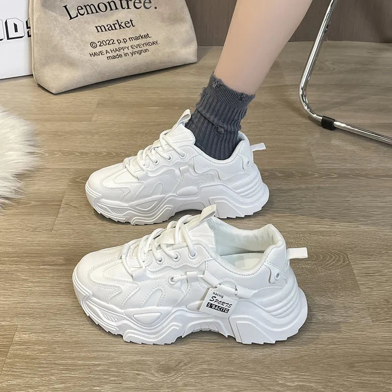Thick soled women's white single shoes Korean version color blocked lace up height for casual running