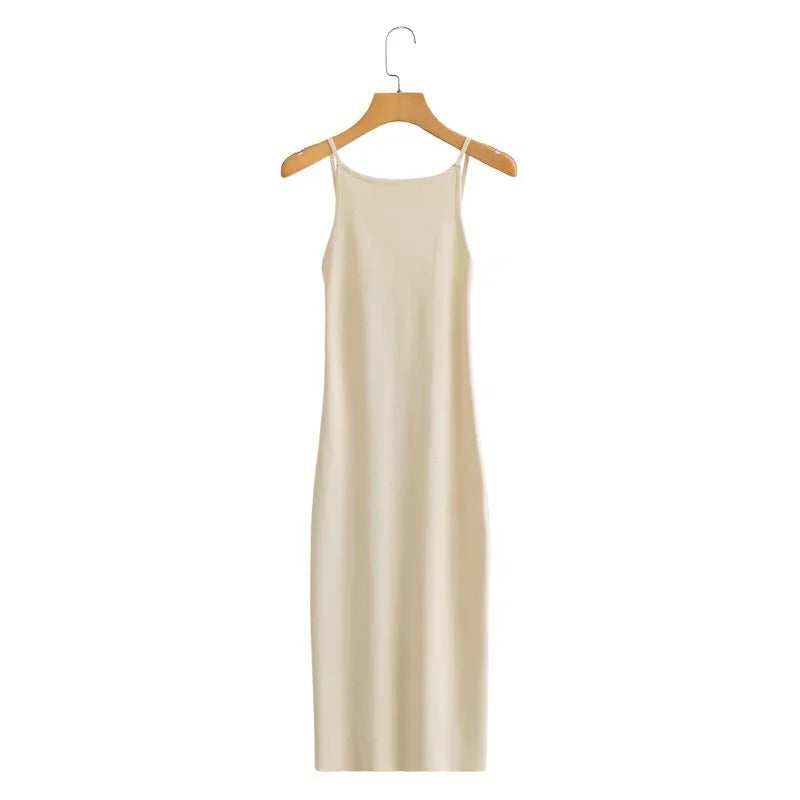 Women's fashion solid color basic slim knit MIDI dress retro