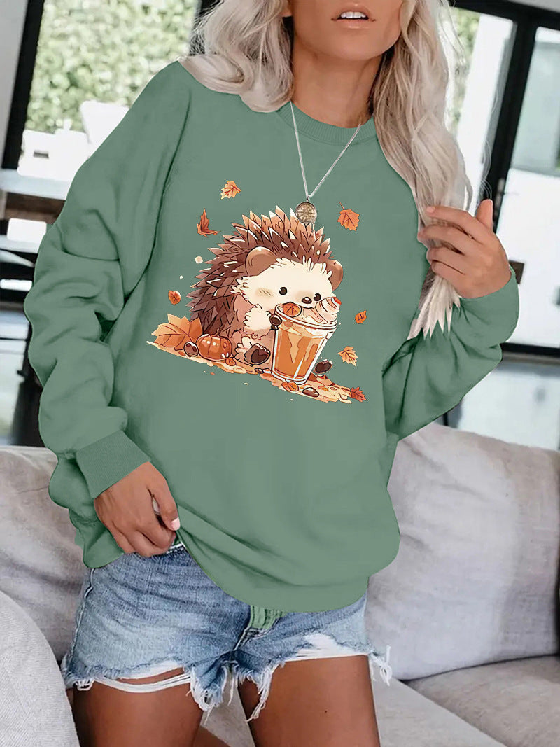 Hedgehog drink pattern printed round neck hoodie for women