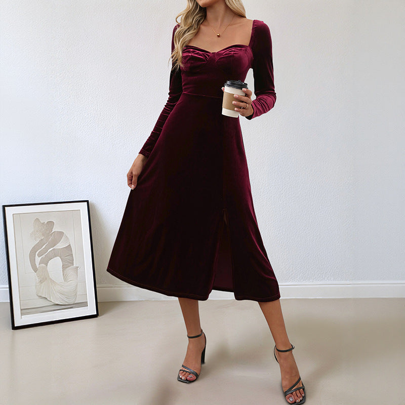 Vintage style split velvet solid color square neck evening dress