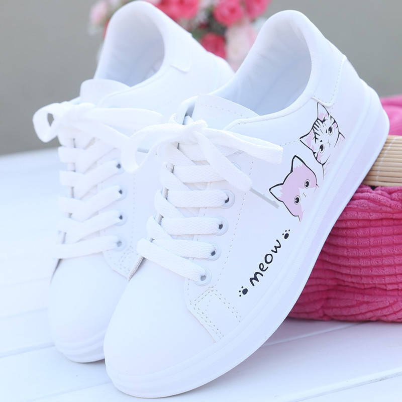 White shoes for female students, white shoes, Korean version flat bottom lace up sports and leisure shoes, board shoes