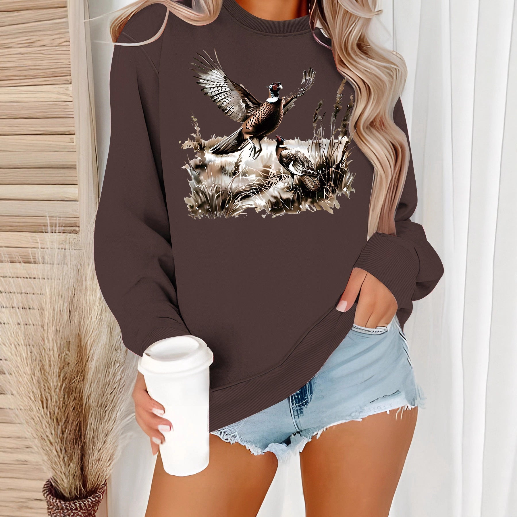 Grassland turkey pattern printed long sleeved sweatshirt