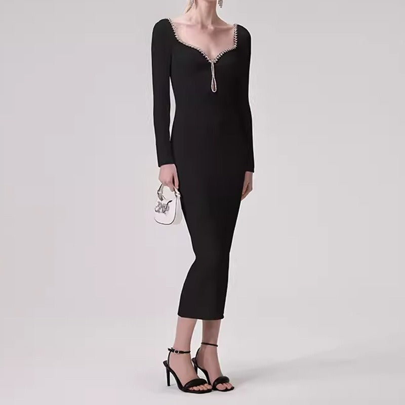 V-neck backless knitted dress women's rhinestone trim square collar sexy slim-fit cover buttocks