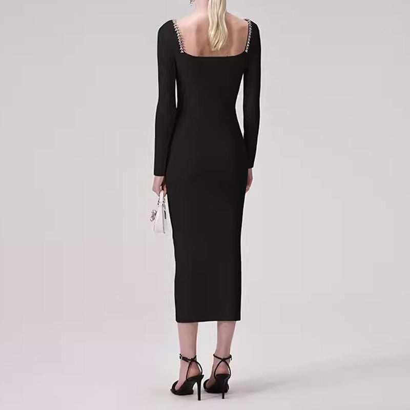 V-neck backless knitted dress women's rhinestone trim square collar sexy slim-fit cover buttocks